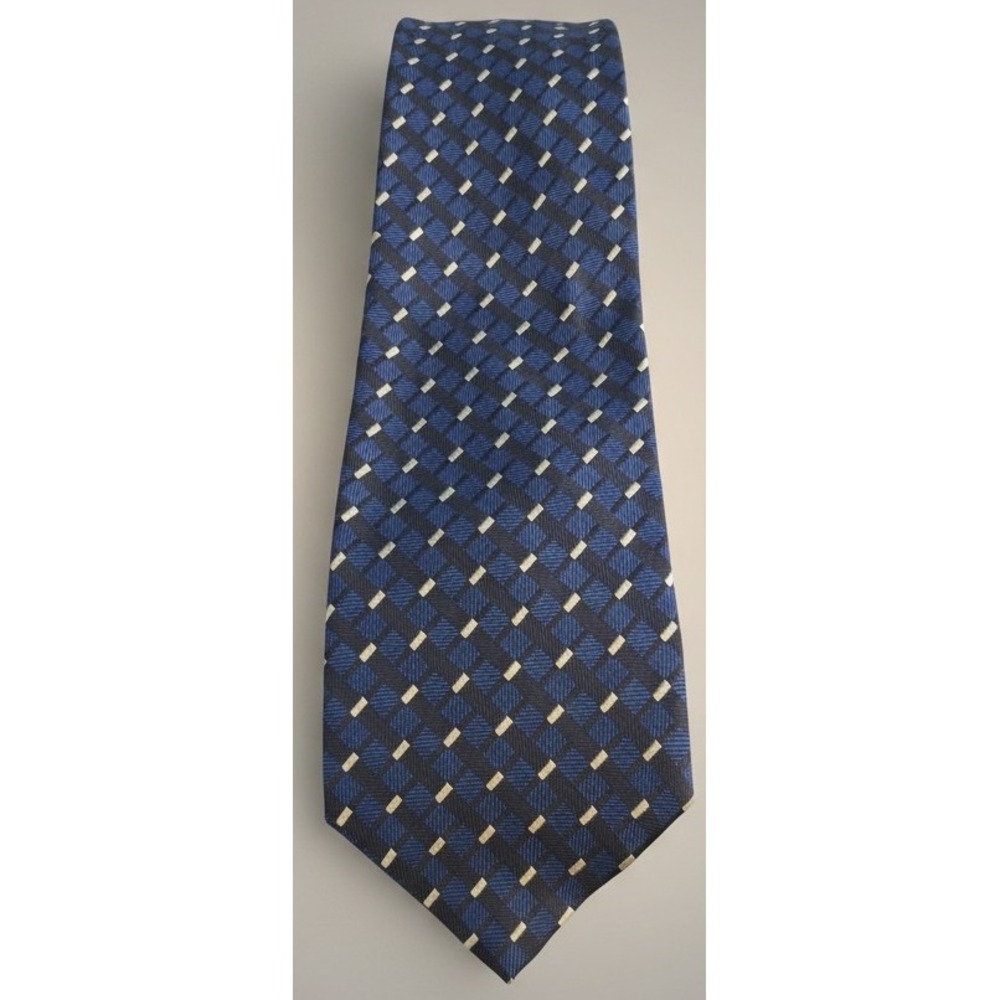 Paul Frederick Neck Tie Blue Black Geometric Plaid Woven Silk Business Formal